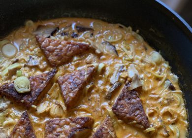 Spiced Tempeh with Creamy Mushroom Leek Sauce